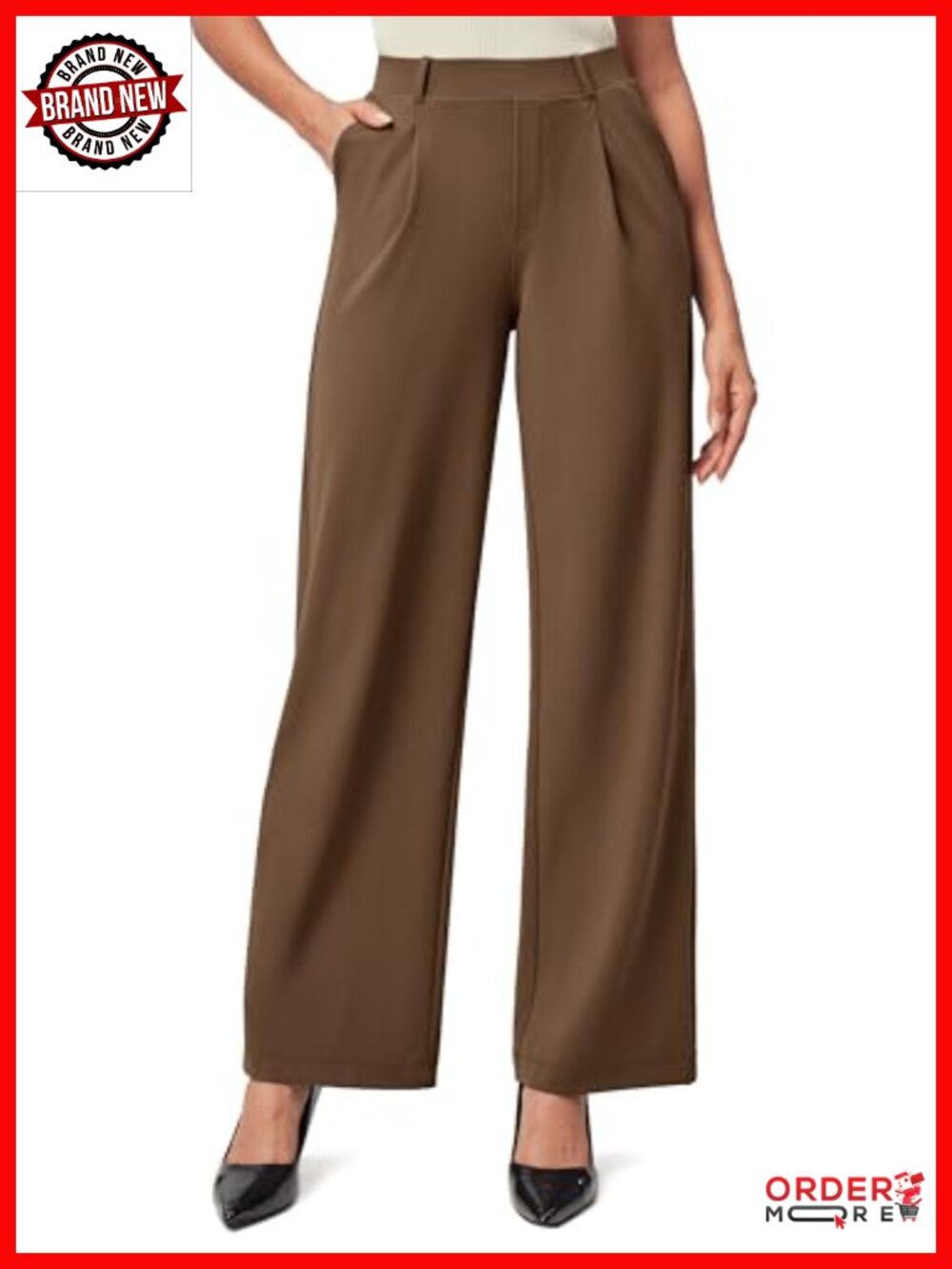 Stretchy High Waisted Wide Leg Pull On Dress Pants with Pockets